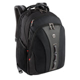 Black laptop backpack with multiple compartments and a padded design.