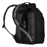 Black backpack with padded straps and red accents.