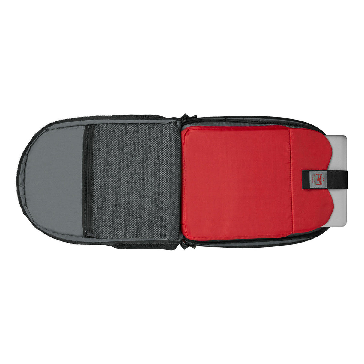 Laptop bag or sleeve with gray and red compartments.