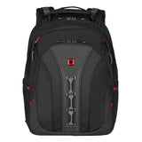 Black backpack with red accents and multiple compartments.