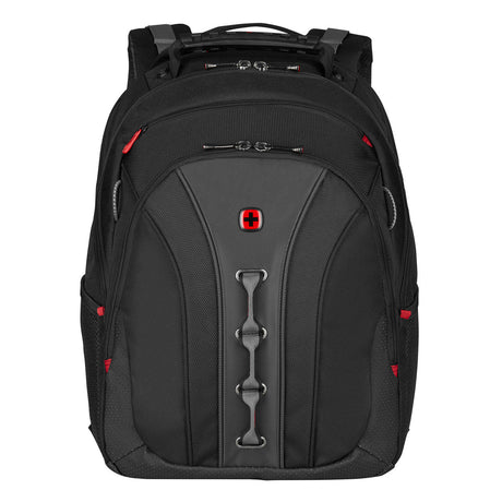 Black backpack with red accents and multiple compartments.