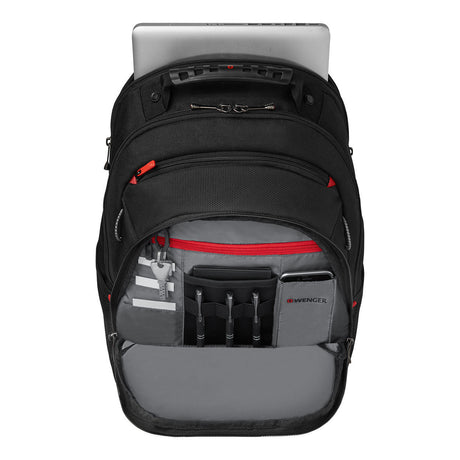 Black laptop backpack with multiple compartments and red accents.