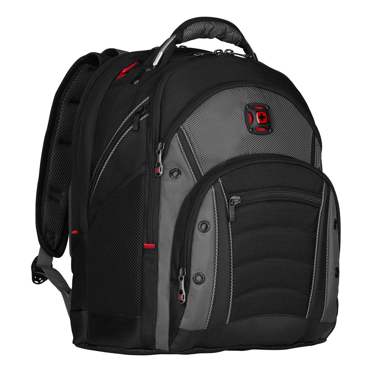 Black and gray backpack with multiple compartments and a red logo.