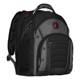 Black and gray backpack with multiple compartments and a red logo.