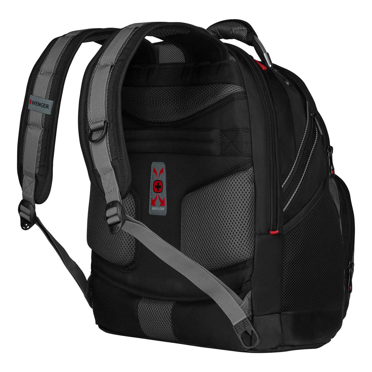 Black backpack with padded straps and multiple compartments.