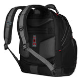 Black backpack with padded straps and multiple compartments.