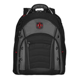 Black and gray backpack with multiple compartments and a red logo.
