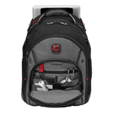 Black and gray backpack with red accents and multiple compartments.