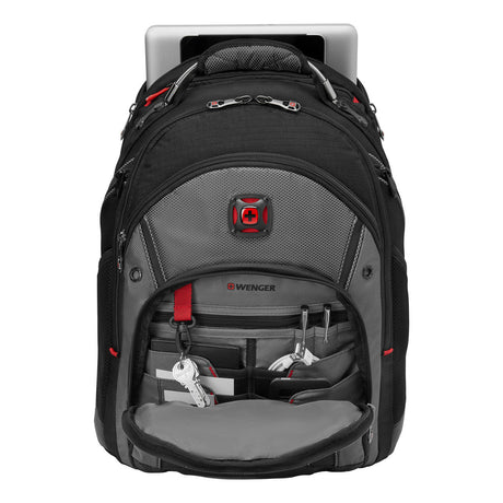 Black and gray backpack with red accents and multiple compartments.