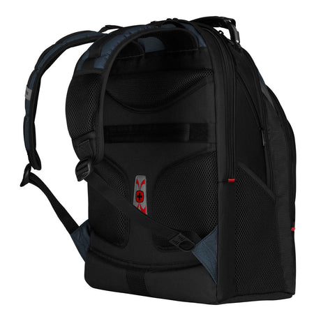 Black backpack with multiple compartments and padded straps.