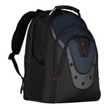 Black and navy blue backpack with multiple compartments and red accents.