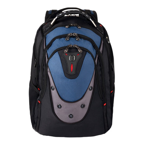 Blue and black backpack with multiple compartments and a padded design.