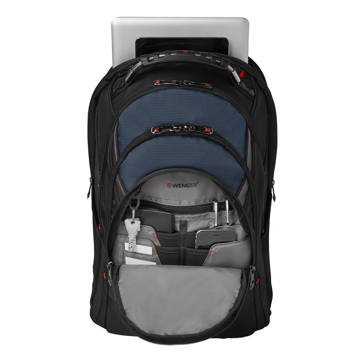 Backpack with multiple compartments and a laptop sleeve visible inside.
