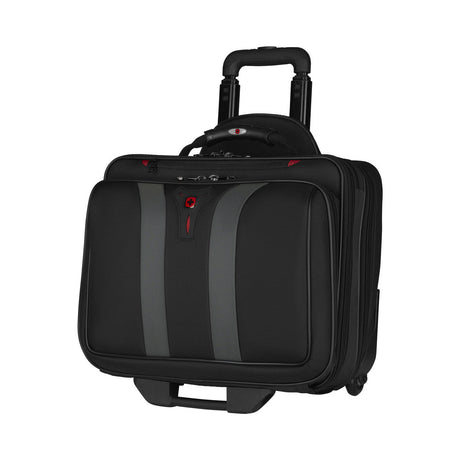 Black rolling laptop bag with gray accents and a retractable handle.