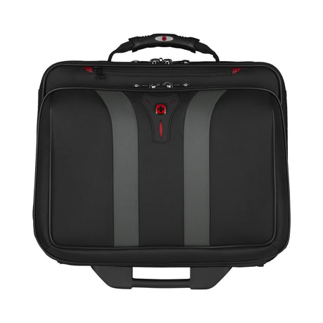 Black rolling laptop briefcase with gray accents and a handle on top.