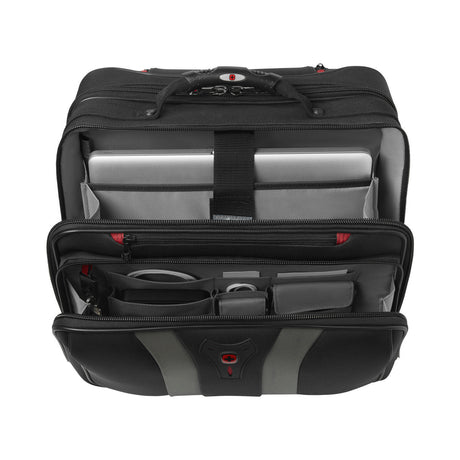 Black laptop bag with multiple compartments and pockets for organizing electronics and accessories.