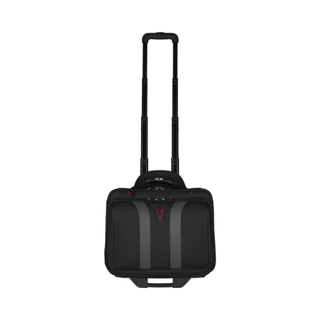 Black rolling laptop bag or briefcase with an extendable handle.