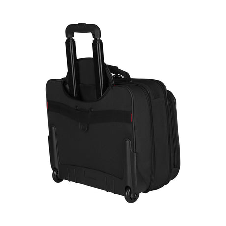 Black rolling laptop bag or briefcase with an extendable handle.