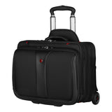 Black rolling laptop bag with multiple compartments and a telescoping handle.