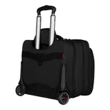 Black rolling laptop bag with telescoping handle and wheels.