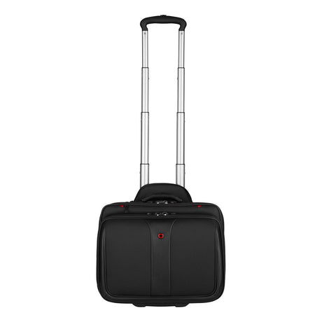 Rolling laptop bag with an extendable handle.