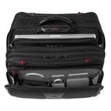 Black rolling laptop bag with multiple compartments and zippers.