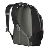 Backpack with black and gray color scheme and padded straps.
