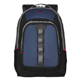 Blue and black backpack with red accents and a central vertical strap.