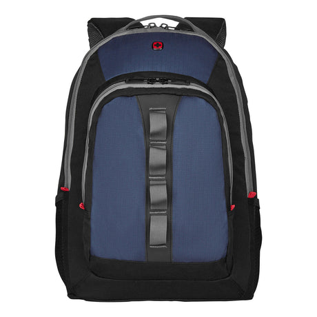 Blue and black backpack with red accents and a central vertical strap.