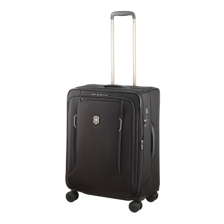 Black wheeled suitcase with an extendable handle.