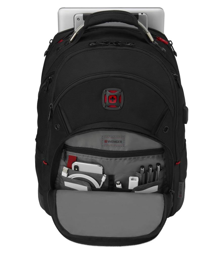Black backpack with multiple compartments and a red logo.