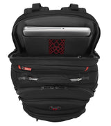 Black backpack with multiple compartments and a laptop sleeve visible.