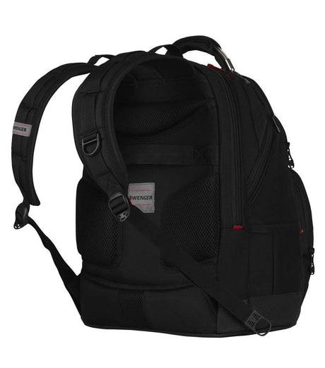 Black backpack with multiple compartments and padded straps.