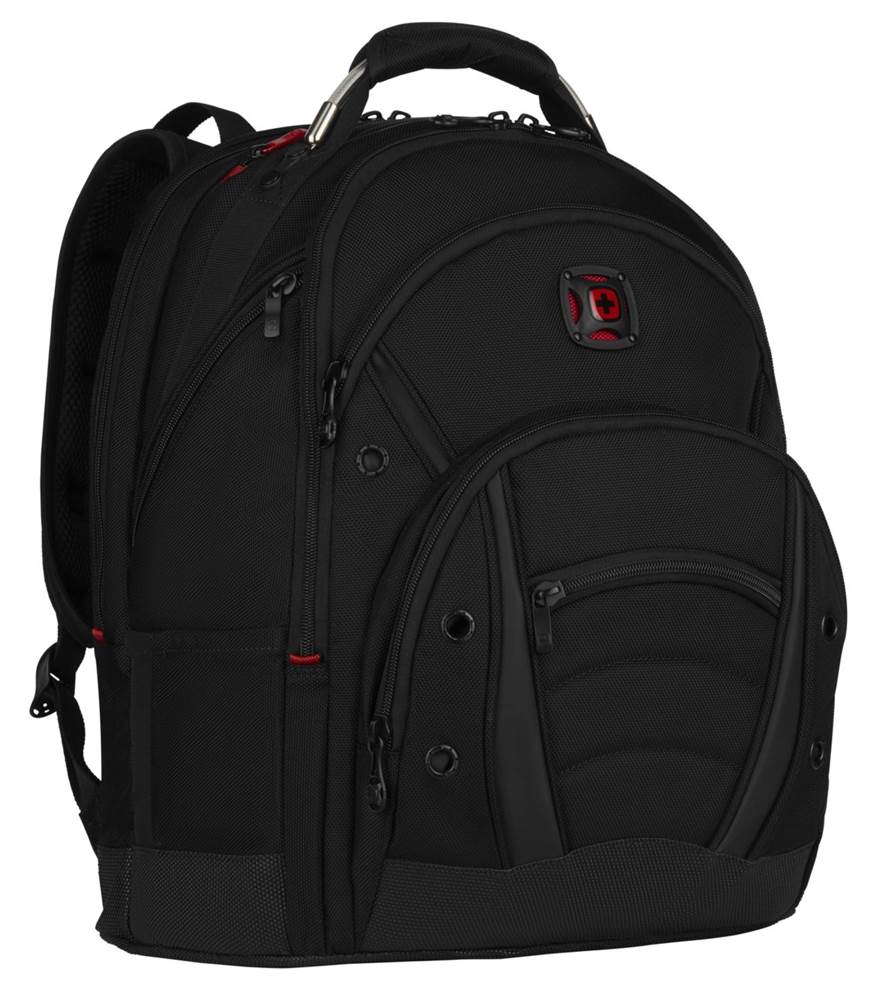 Black backpack with multiple compartments and a red logo.