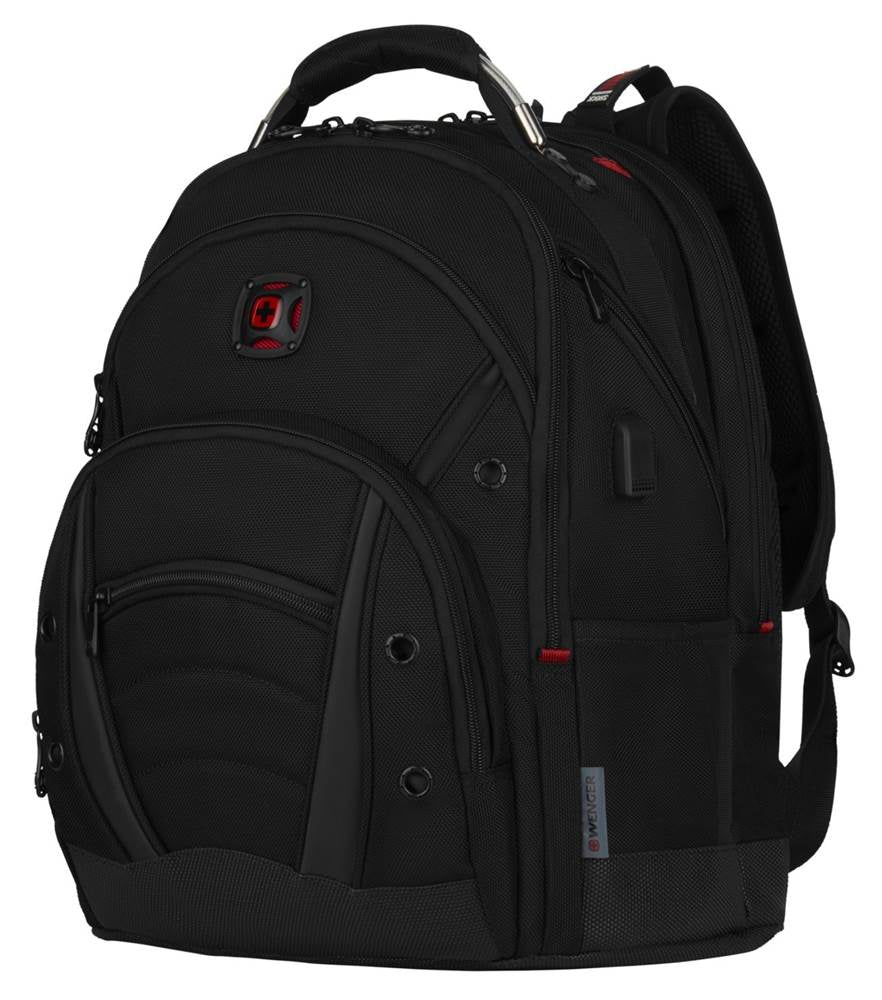 Black backpack with multiple compartments and a red logo.
