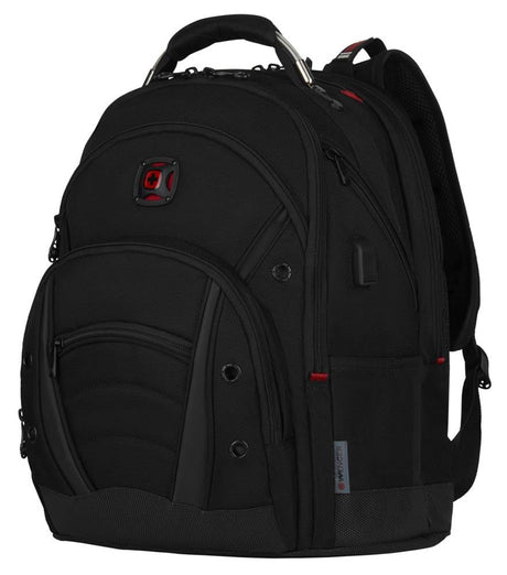 Black backpack with multiple compartments and a red logo.