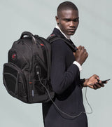 Black backpack with multiple compartments and red accents.