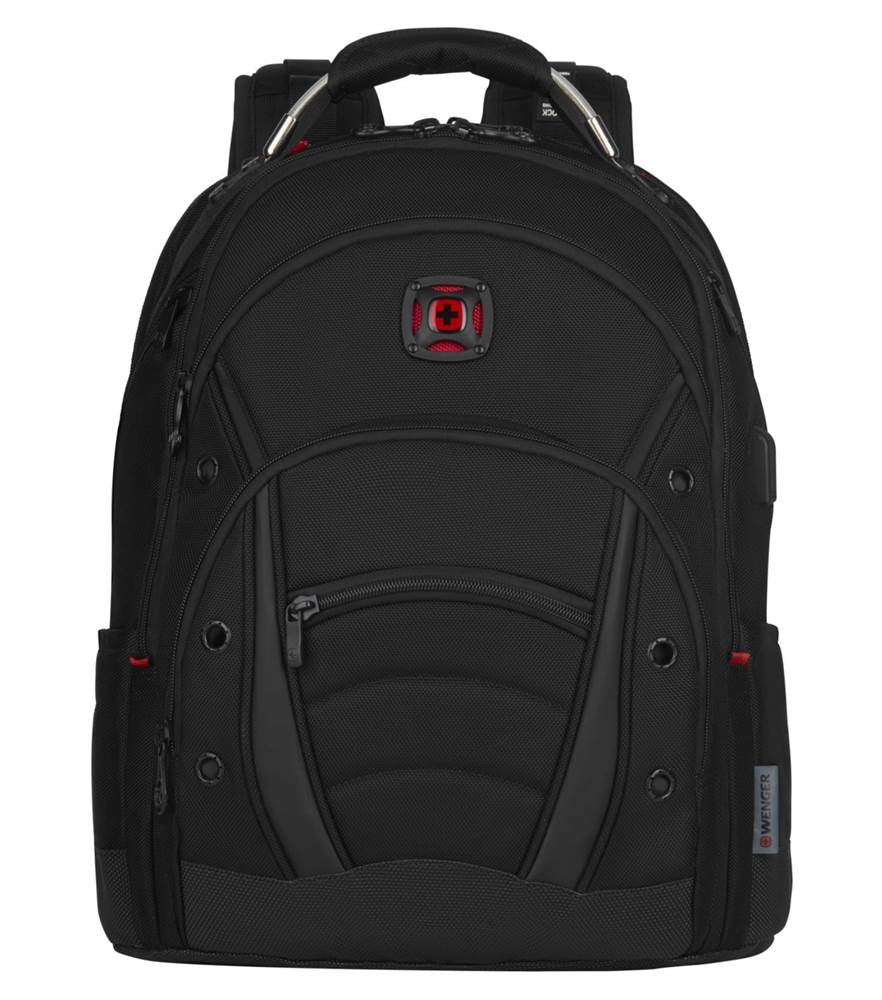 Black backpack with multiple compartments and a red logo.