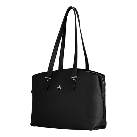 Black leather handbag with double handles and gold-tone hardware.