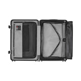 Open suitcase with compartments and straps for organizing contents.
