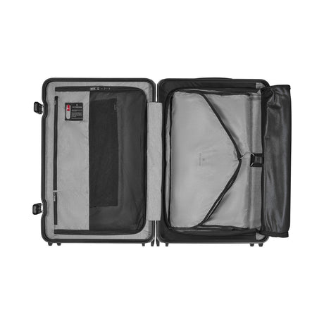 Open suitcase with compartments and straps for organizing contents.