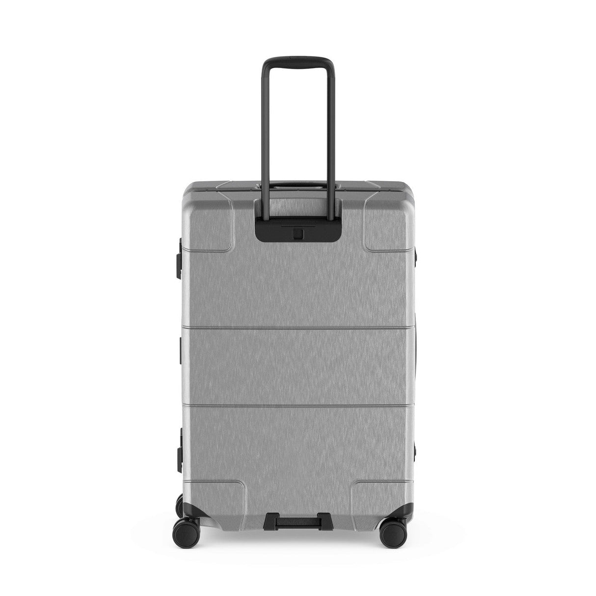 Gray hard-shell rolling suitcase with an extendable handle and wheels.