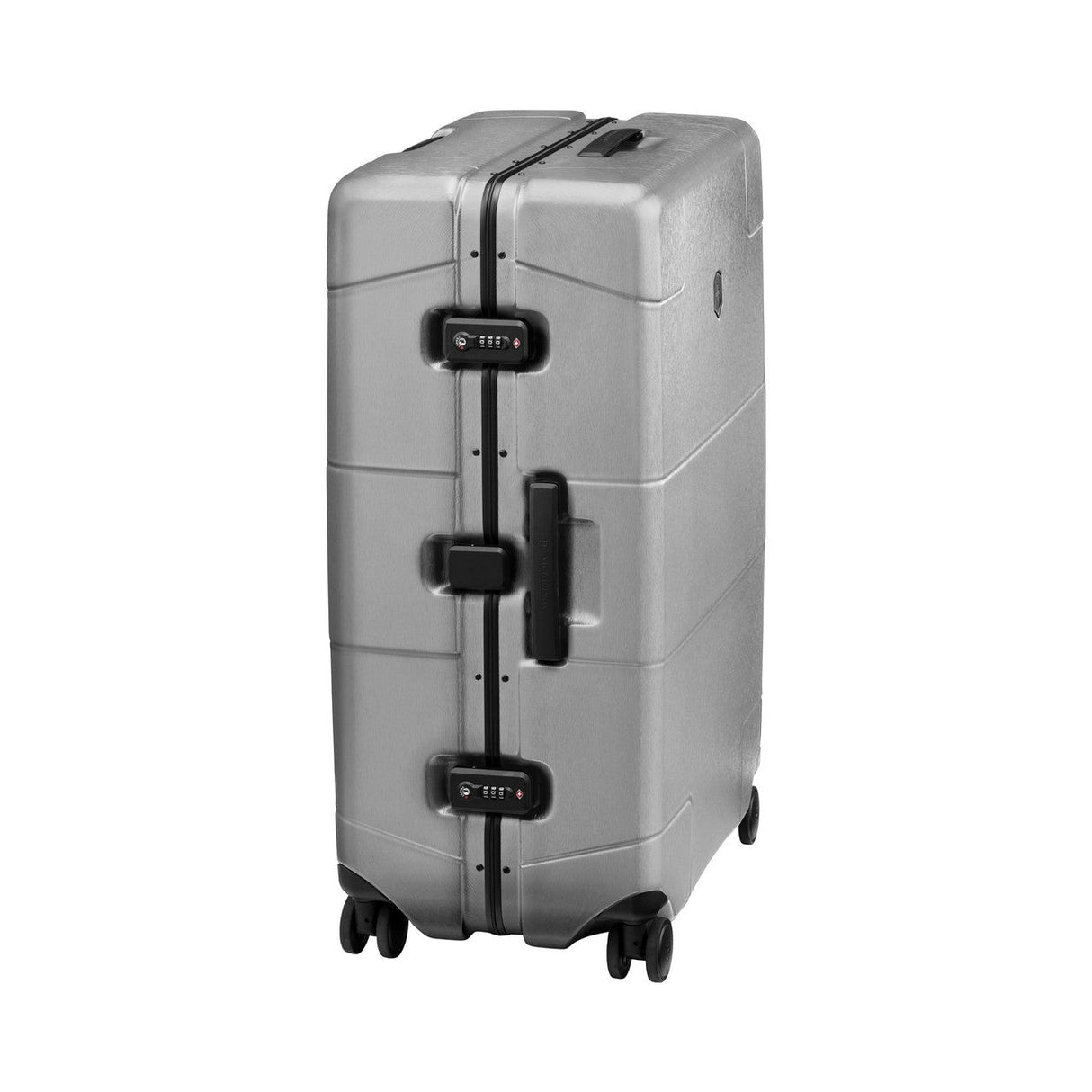 Hard-shell rolling suitcase with multiple locking clasps and a side handle.