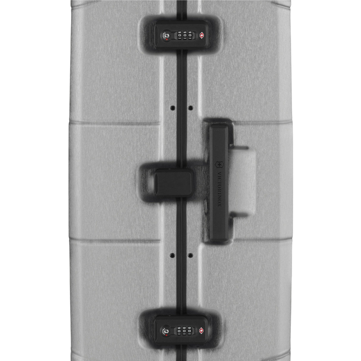 Suitcase with electronic locks and a handle visible through an X-ray-like image.