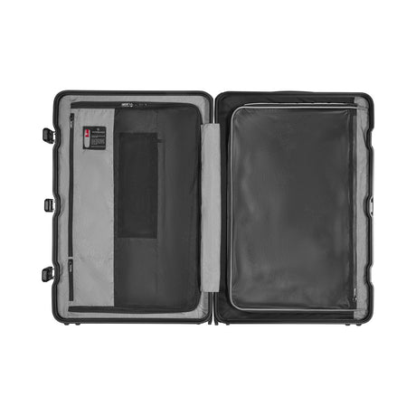 Open hard-shell suitcase with interior compartments and pockets.