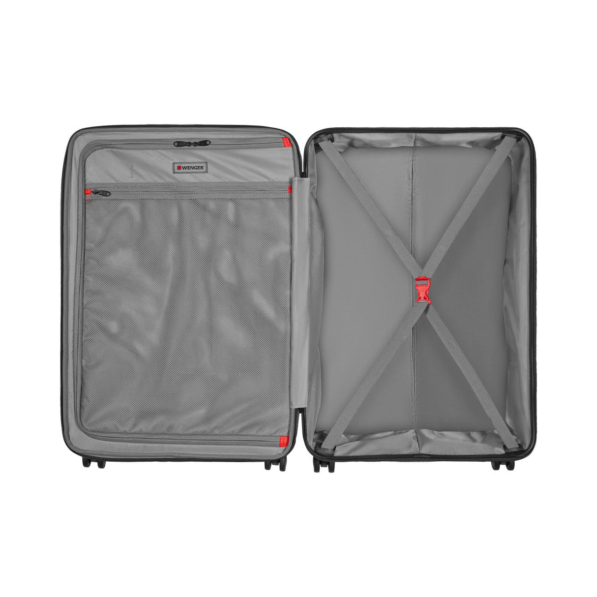 Open suitcase with two compartments lined in gray fabric.