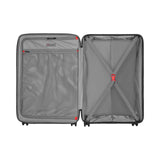 Open suitcase with two compartments lined in gray fabric.