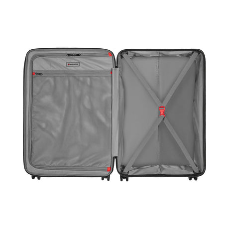 Open suitcase with two compartments lined in gray fabric.