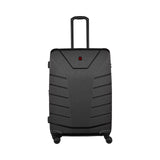 Black hardshell rolling suitcase with horizontal ridges and an extendable handle.