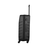 Black hardshell rolling suitcase with horizontal ridges and an extendable handle.